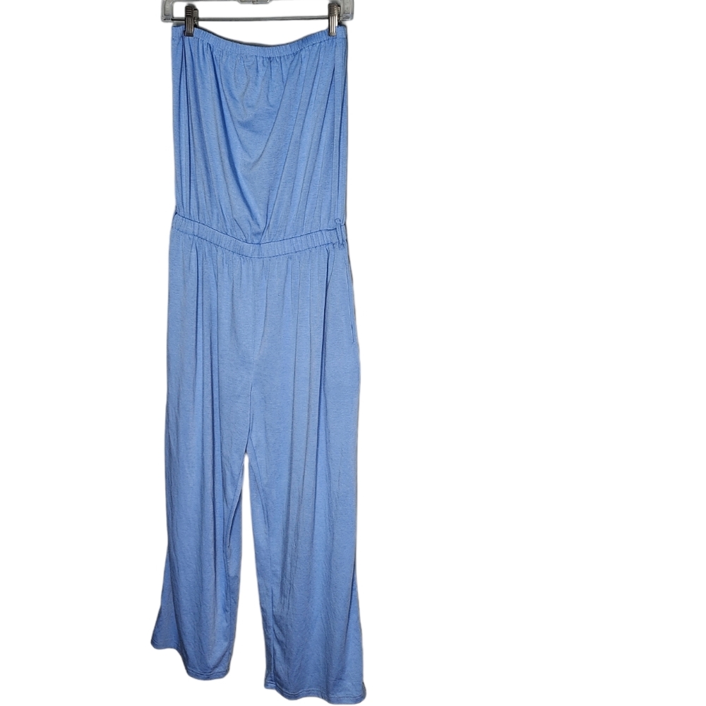Zesica women's strapless sky blue elastic waist jumpsuit size L